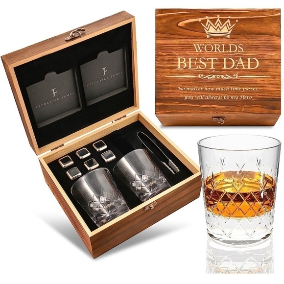 Brand New "World's Best Dad" Whiskey Glass Gift Set Wooden Engraved Box Stones - Picture 2 of 16
